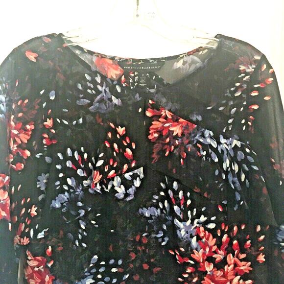 White House Black Market floral top sheer ruffles - Picture 3 of 6